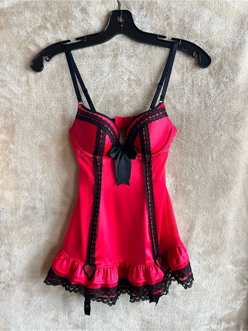 La Senza Red Black Lace Babydoll Lingerie Chemise Garter XS/TP NWOT